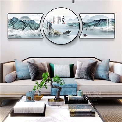 流水生财大气山水画背景墙茶室水墨禅意三联挂画